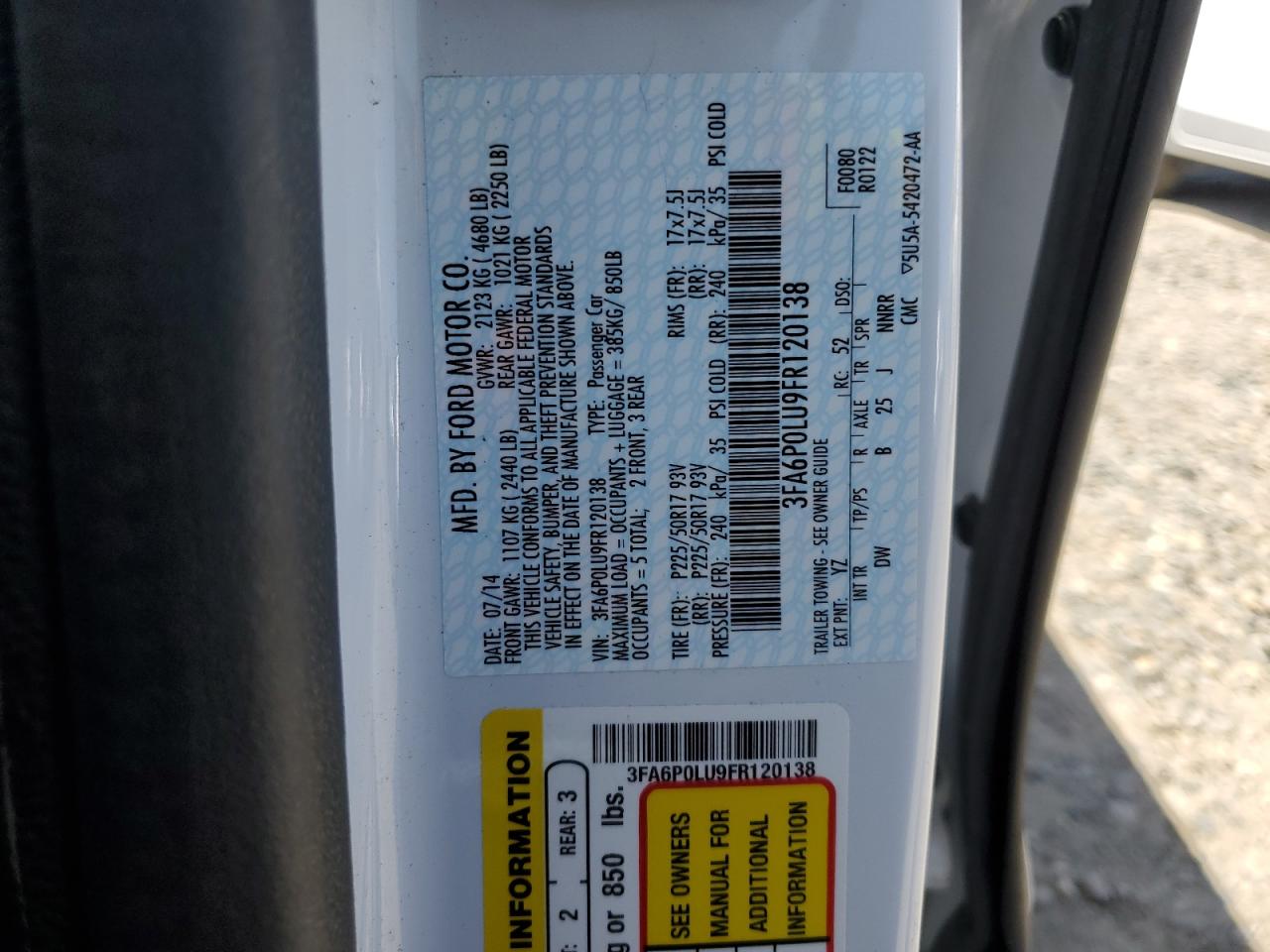 2015 Ford Fusion Se Hybrid VIN: 3FA6P0LU9FR120138 Lot: 55089255