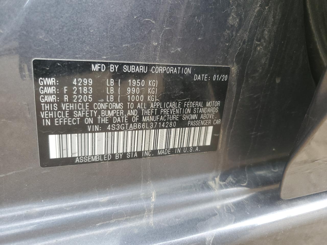 2020 Subaru Impreza VIN: 4S3GTAB66L3714280 Lot: 56336175
