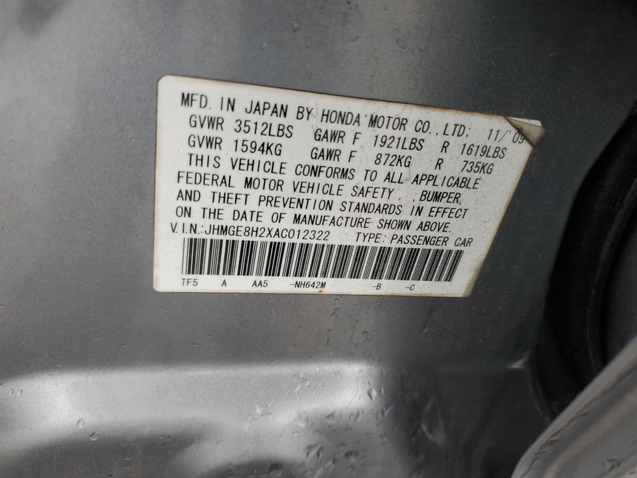 2010 Honda Fit VIN: JHMGE8H2XAC012322 Lot: 56376705