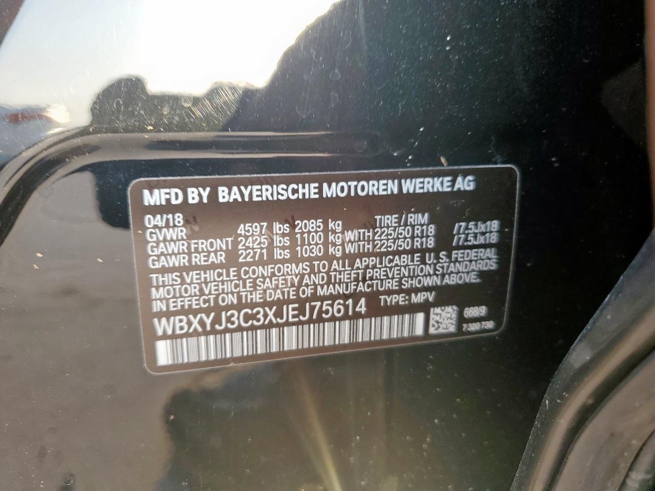 2018 BMW X2 Sdrive28I VIN: WBXYJ3C3XJEJ75614 Lot: 57208145