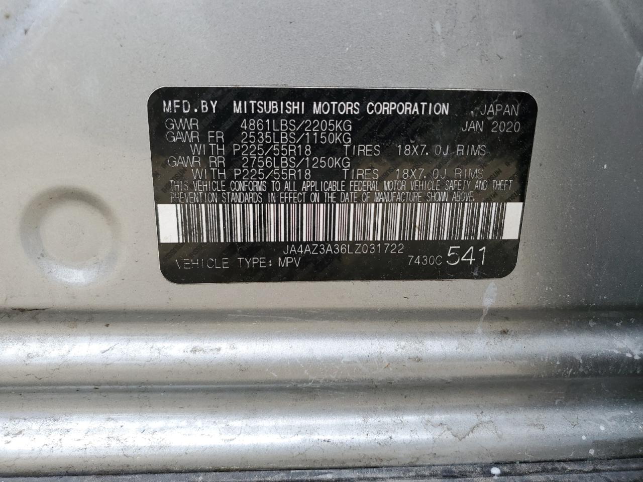 2020 Mitsubishi Outlander Se VIN: JA4AZ3A36LZ031722 Lot: 56967975