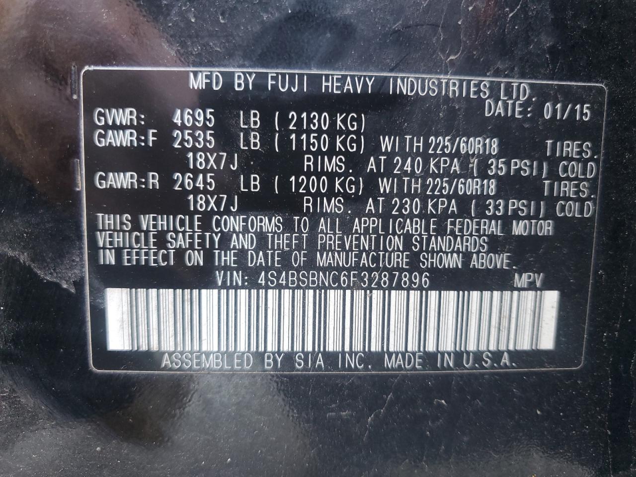 2015 Subaru Outback 2.5I Limited VIN: 4S4BSBNC6F3287896 Lot: 57345995