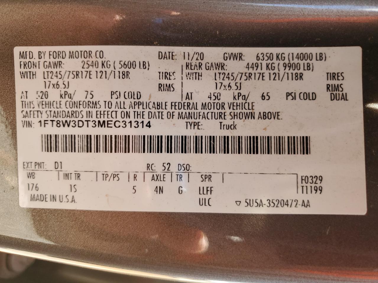 1FT8W3DT3MEC31314 FORD F350 2021
