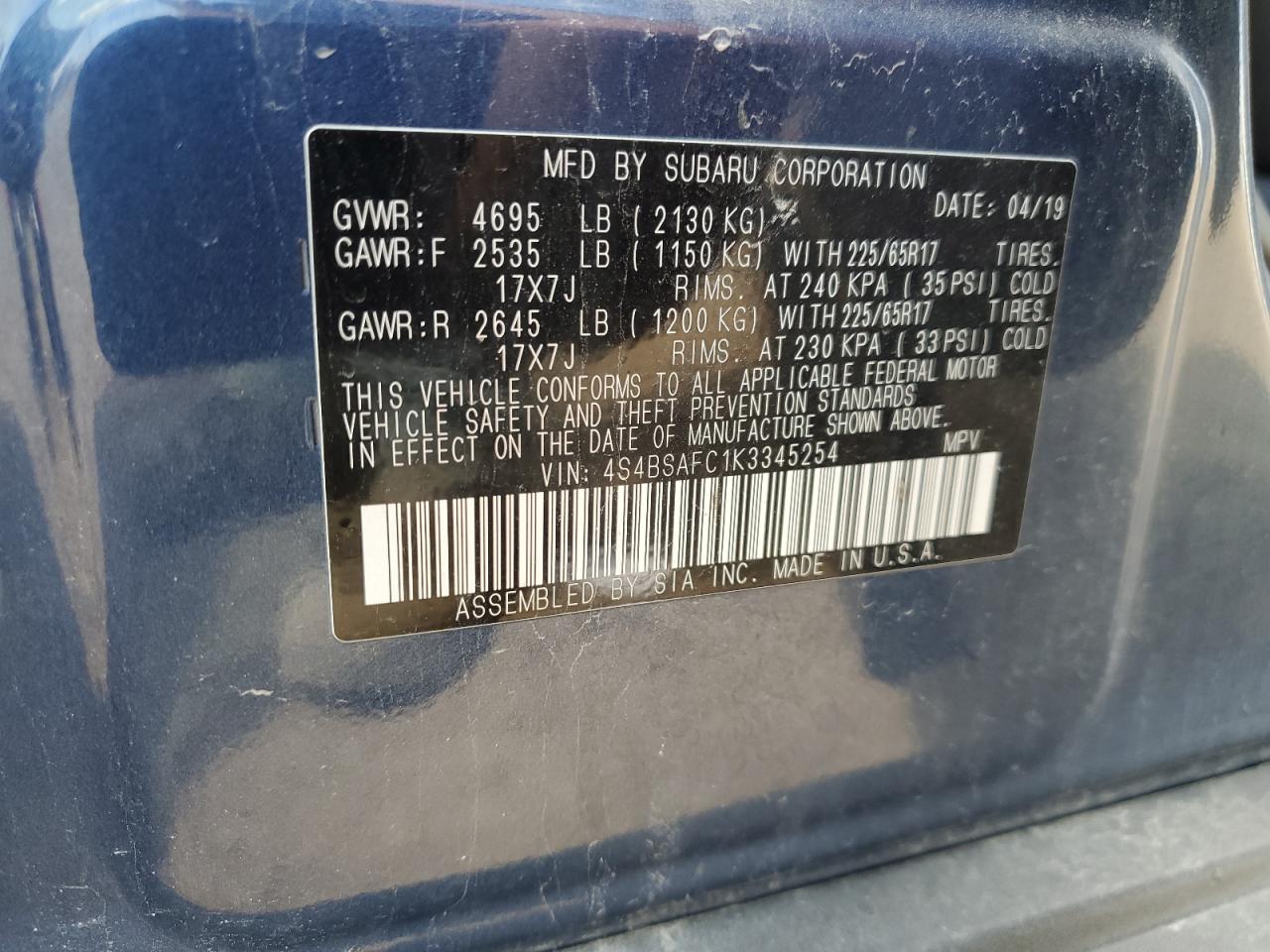 2019 Subaru Outback 2.5I Premium VIN: 4S4BSAFC1K3345254 Lot: 56785595