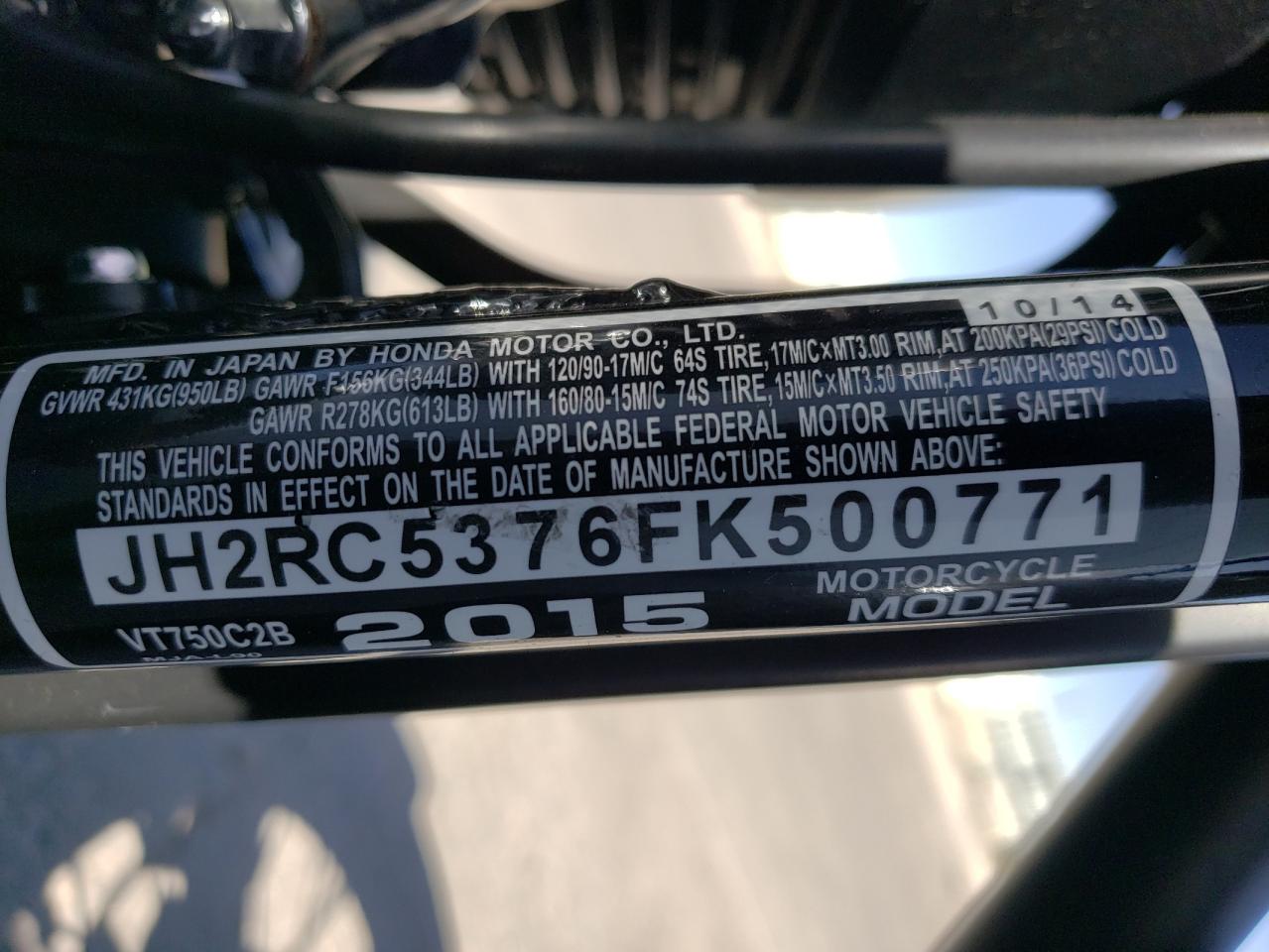 2015 Honda Vt750 C2B VIN: JH2RC5376FK500771 Lot: 56833565