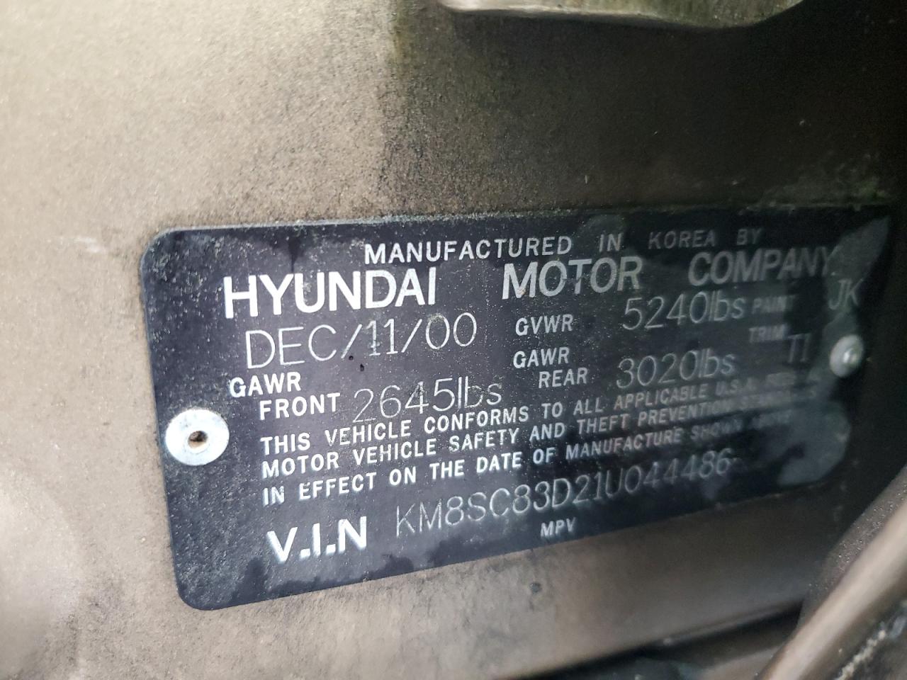 2001 Hyundai Santa Fe Gls VIN: KM8SC83D21U044486 Lot: 58143675