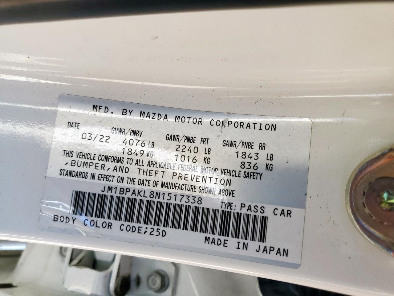 2022 Mazda 3 Select VIN: JM1BPAKL8N1517338 Lot: 58159925
