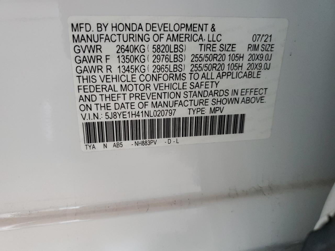 2022 Acura Mdx Technology VIN: 5J8YE1H41NL020797 Lot: 57359355