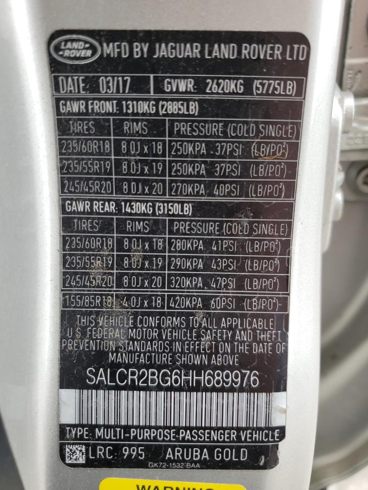 2017 Land Rover Discovery Sport Hse VIN: SALCR2BG6HH689976 Lot: 55982315
