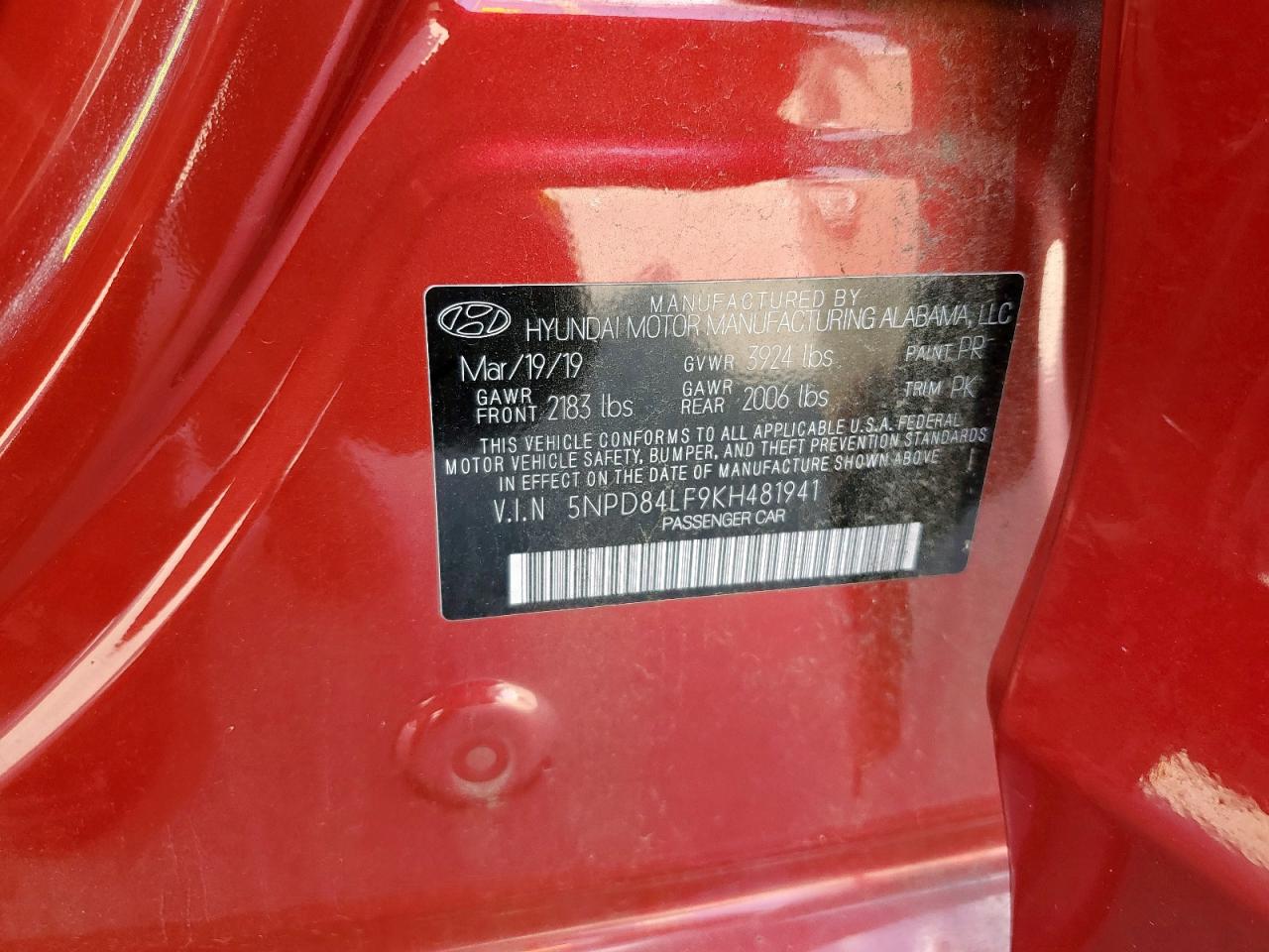 2019 Hyundai Elantra Sel VIN: 5NPD84LF9KH481941 Lot: 56580475