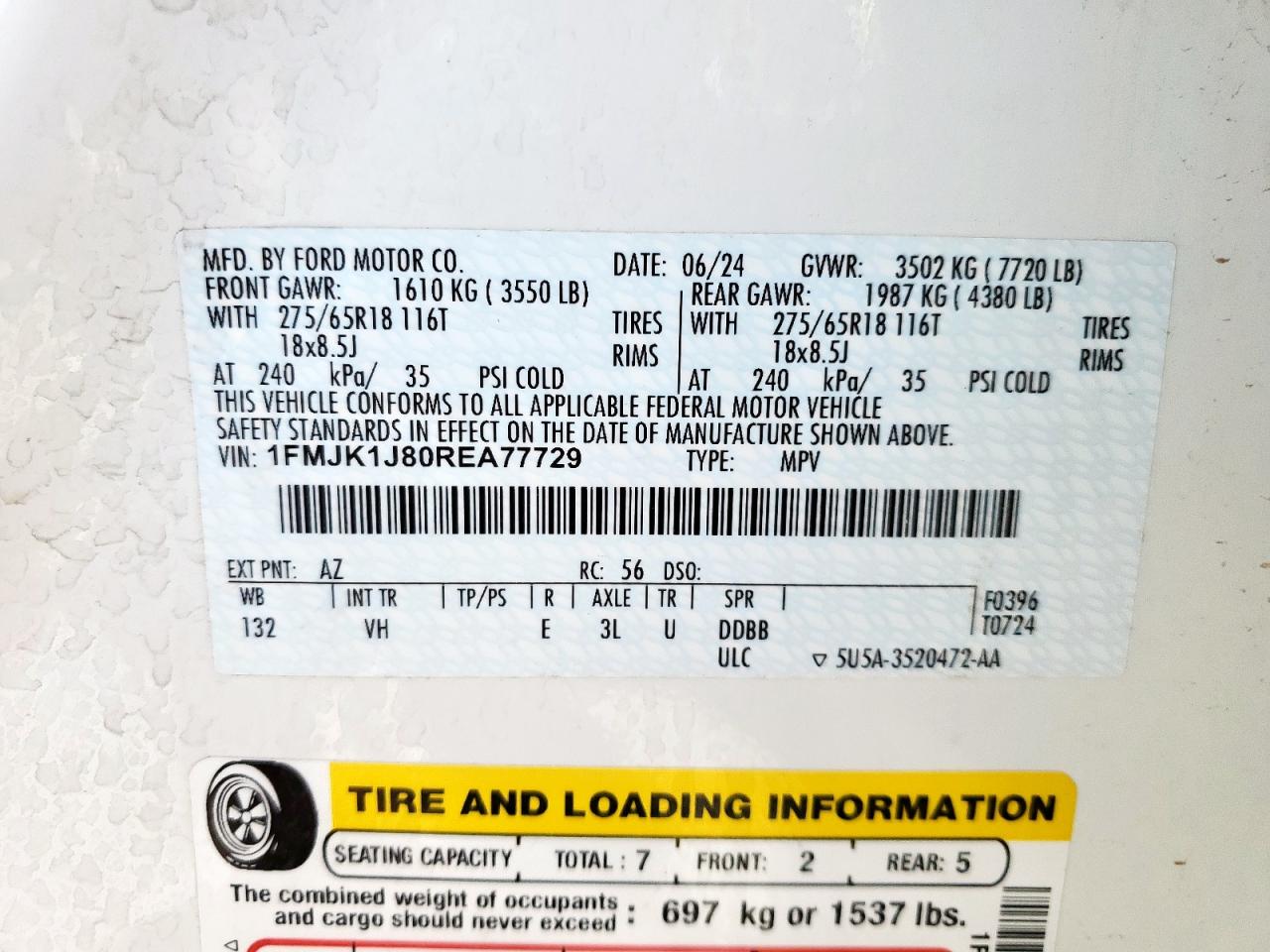 2024 Ford Expedition Max Xlt VIN: 1FMJK1J80REA77729 Lot: 57477565