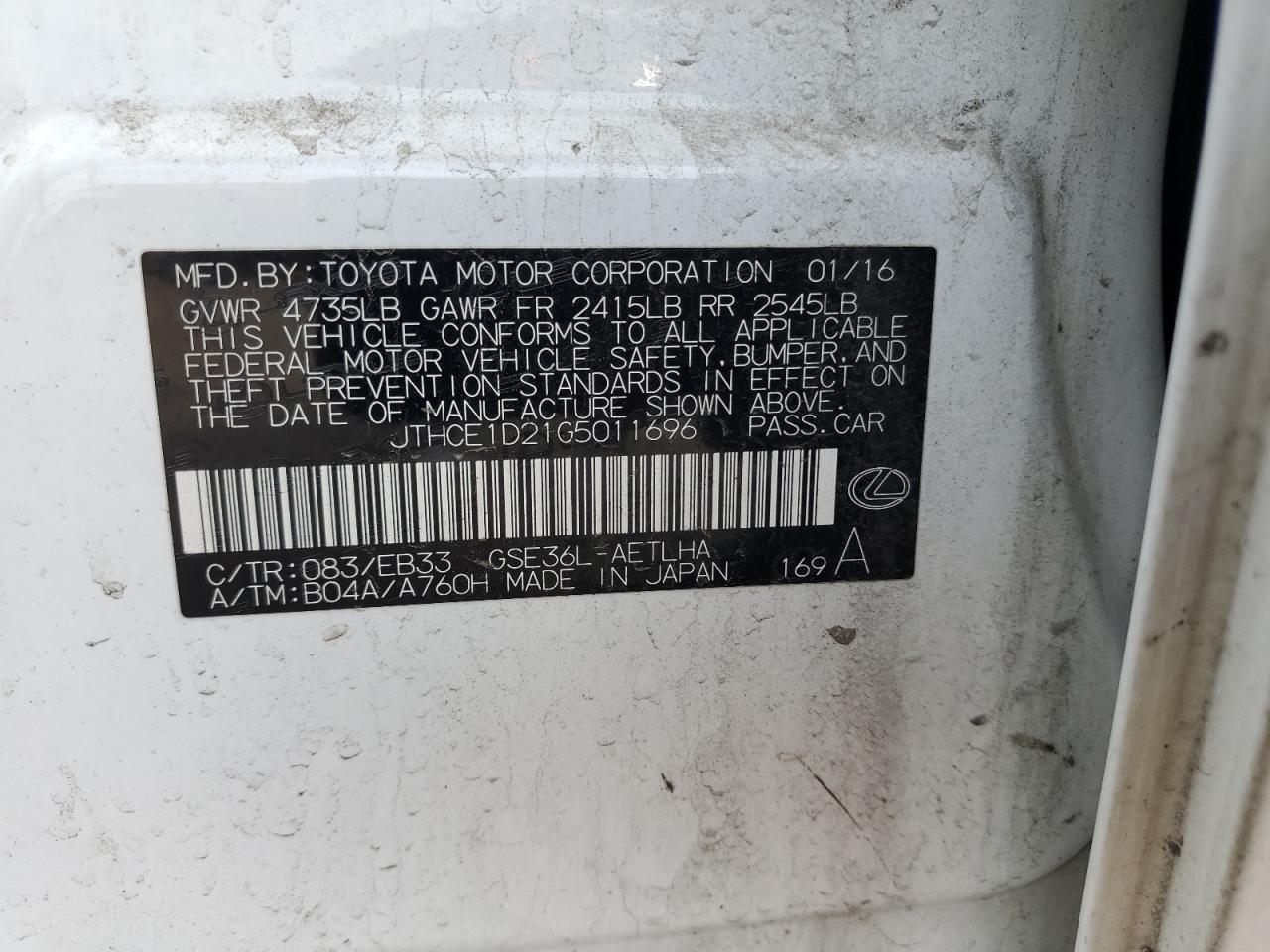 2016 Lexus Is 350 VIN: JTHCE1D21G5011696 Lot: 56164095