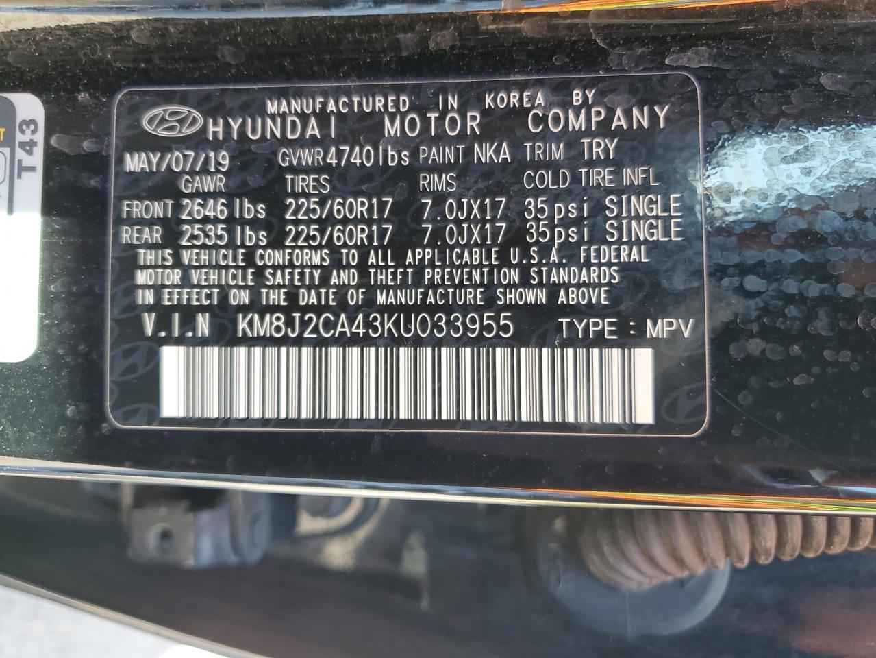 2019 Hyundai Tucson Se VIN: KM8J2CA43KU033955 Lot: 57068235