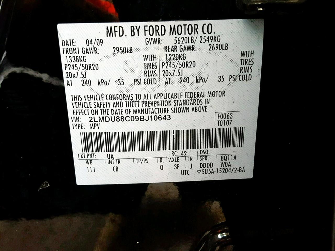 2009 Lincoln Mkx VIN: 2LMDU88C09BJ10643 Lot: 26691389