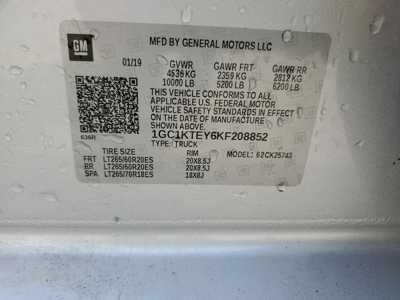 1GC1KTEY6KF208852 CHEVROLET ALL Models 2019