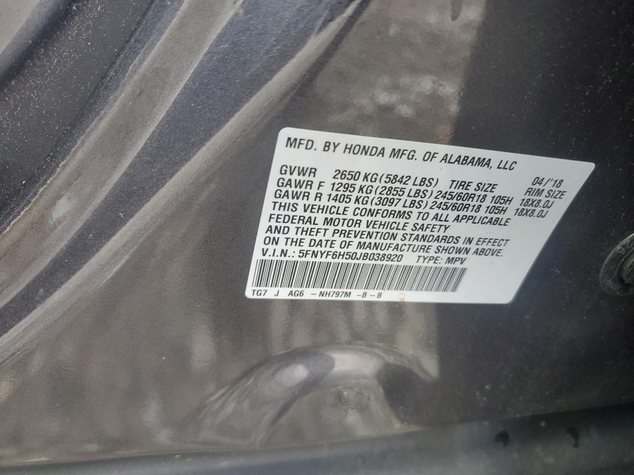 5FNYF6H50JB038920 HONDA PILOT 2018