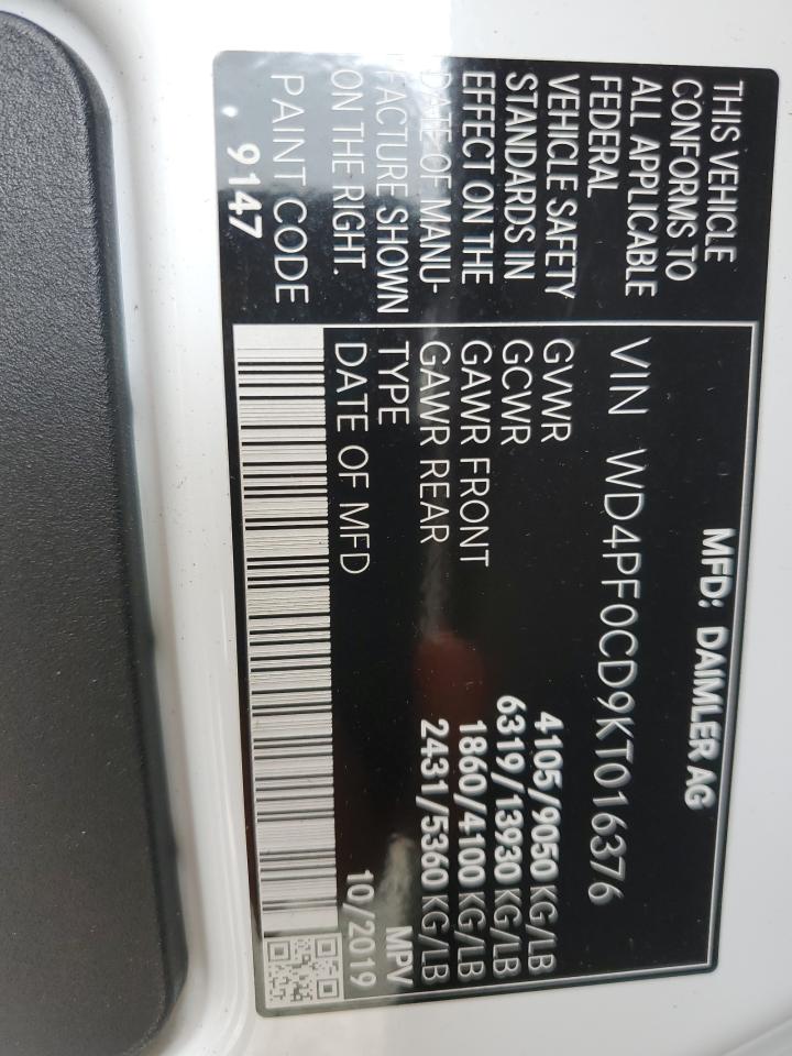 2019 Mercedes-Benz Sprinter 2500/3500 VIN: WD4PF0CD9KT016376 Lot: 57263465