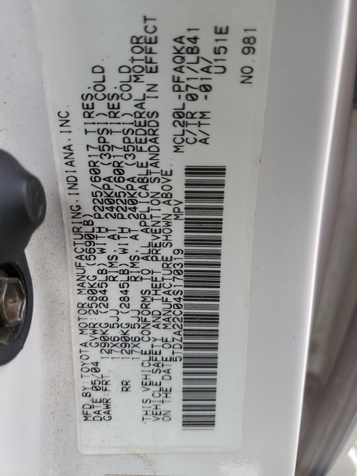 2004 Toyota Sienna Xle VIN: 5TDZA22C04S170319 Lot: 56543265