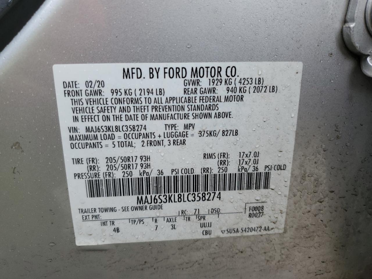 MAJ6S3KL8LC358274 FORD ECOSPORT 2020