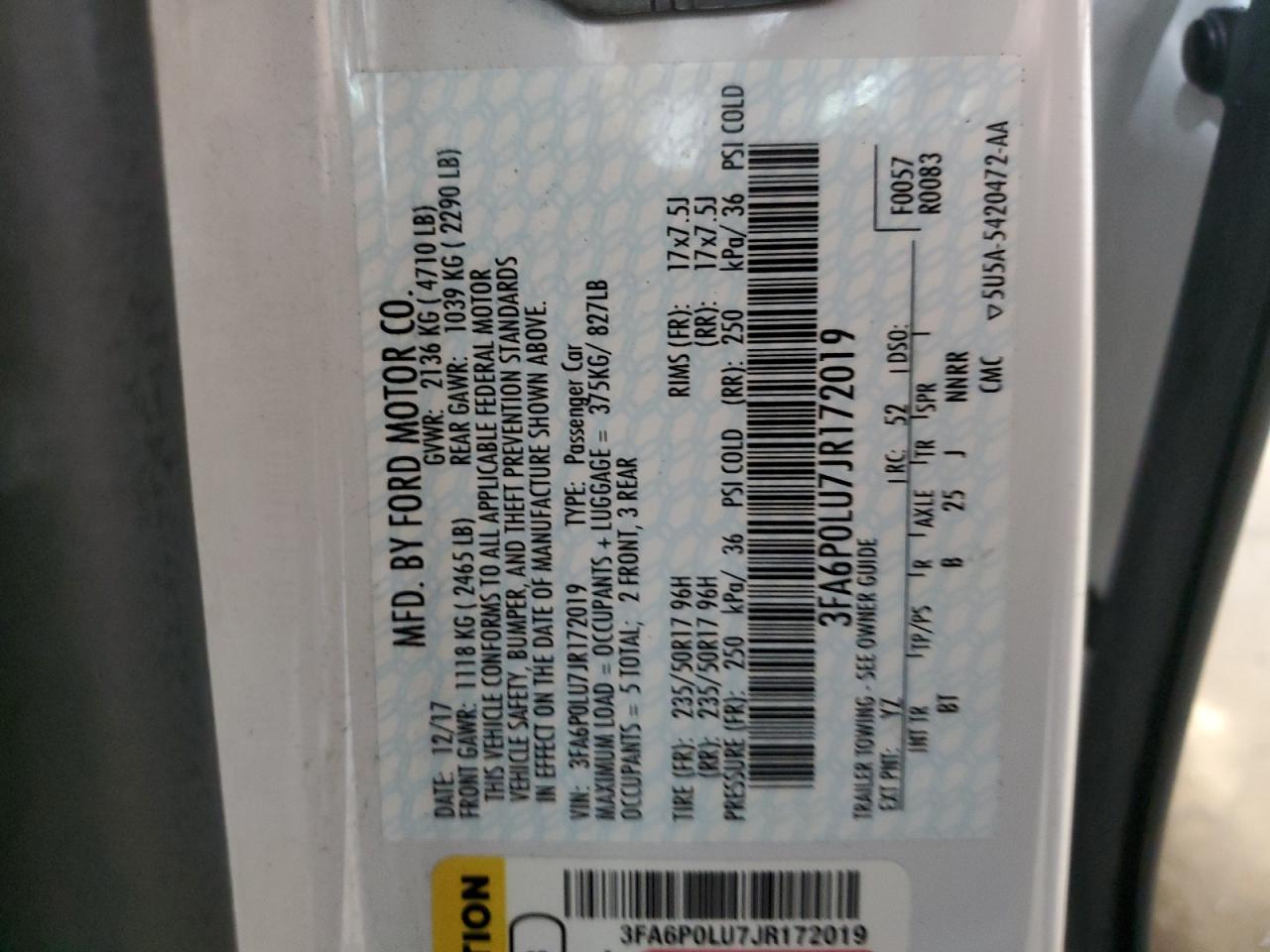 2018 Ford Fusion Se Hybrid VIN: 3FA6P0LU7JR172019 Lot: 55385935