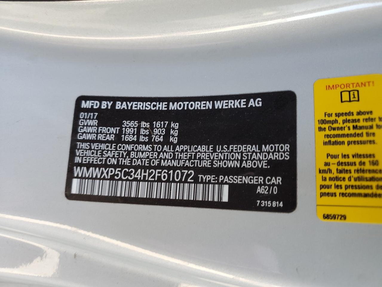 2017 Mini Cooper VIN: WMWXP5C34H2F61072 Lot: 57314695