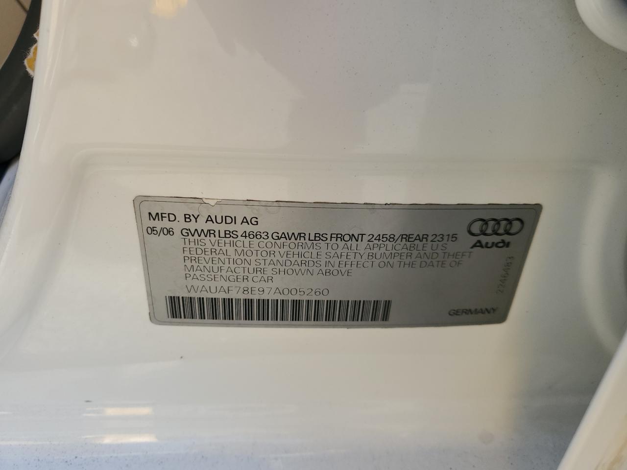 2007 Audi A4 2 VIN: WAUAF78E97A005260 Lot: 56787945