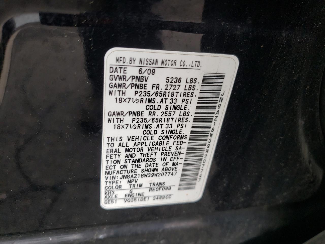 2009 Nissan Murano S VIN: JN8AZ18W39W207747 Lot: 54925225