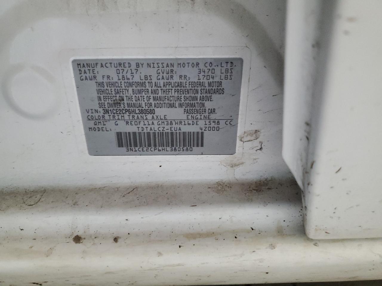 3N1CE2CP6HL380580 NISSAN VERSA 2017