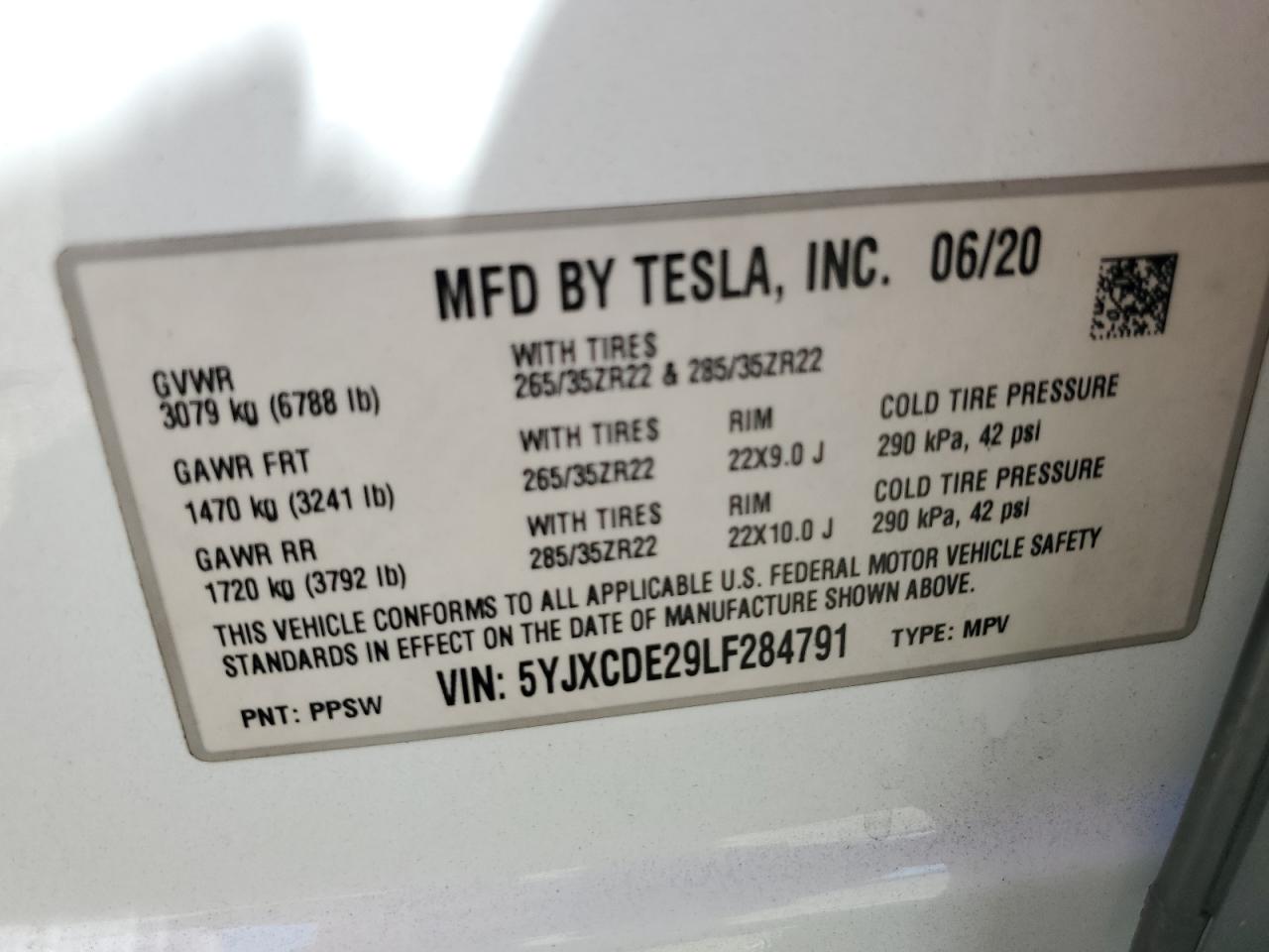 2020 Tesla Model X VIN: 5YJXCDE29LF284791 Lot: 57467805