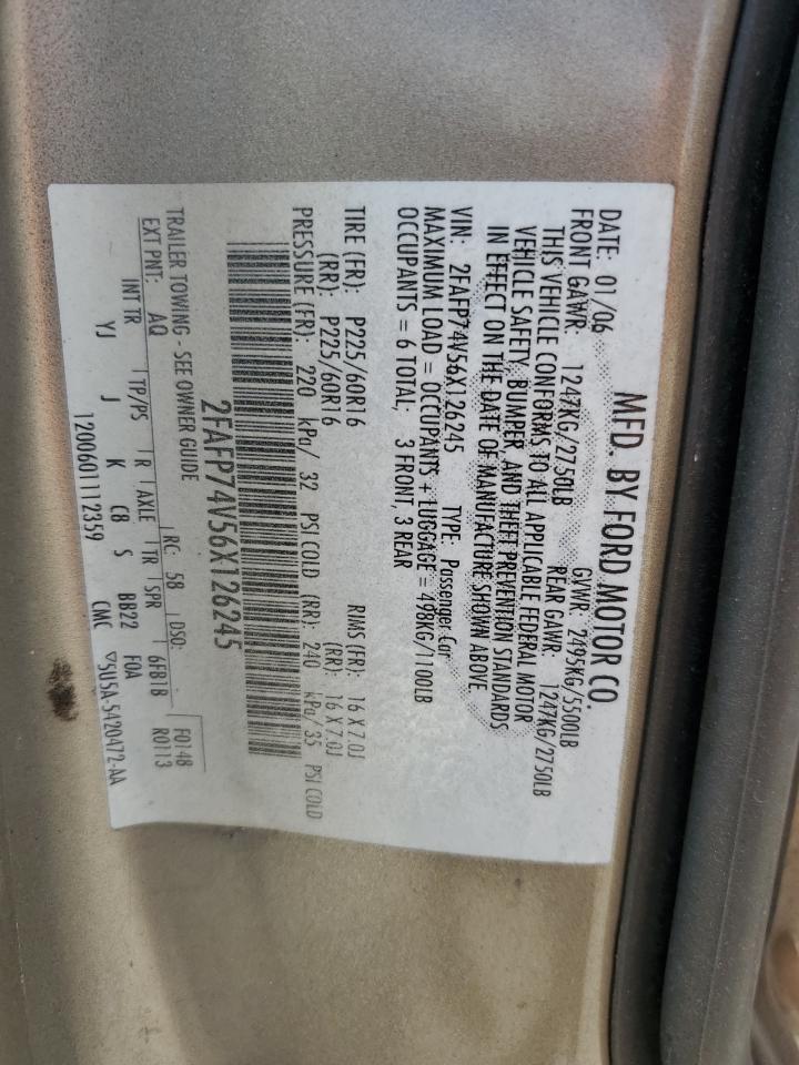 2006 Ford Crown Victoria Lx VIN: 2FAFP74V56X126245 Lot: 56598055