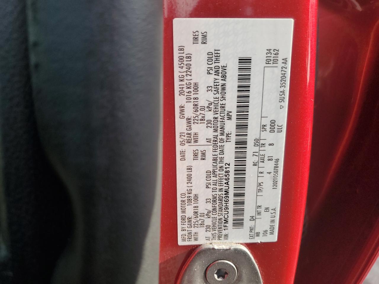 2021 Ford Escape Sel VIN: 1FMCU9H69MUA65812 Lot: 55989305