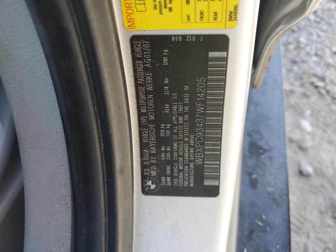 2007 BMW X3 3.0Si VIN: WBXPC93437WF14205 Lot: 59057185