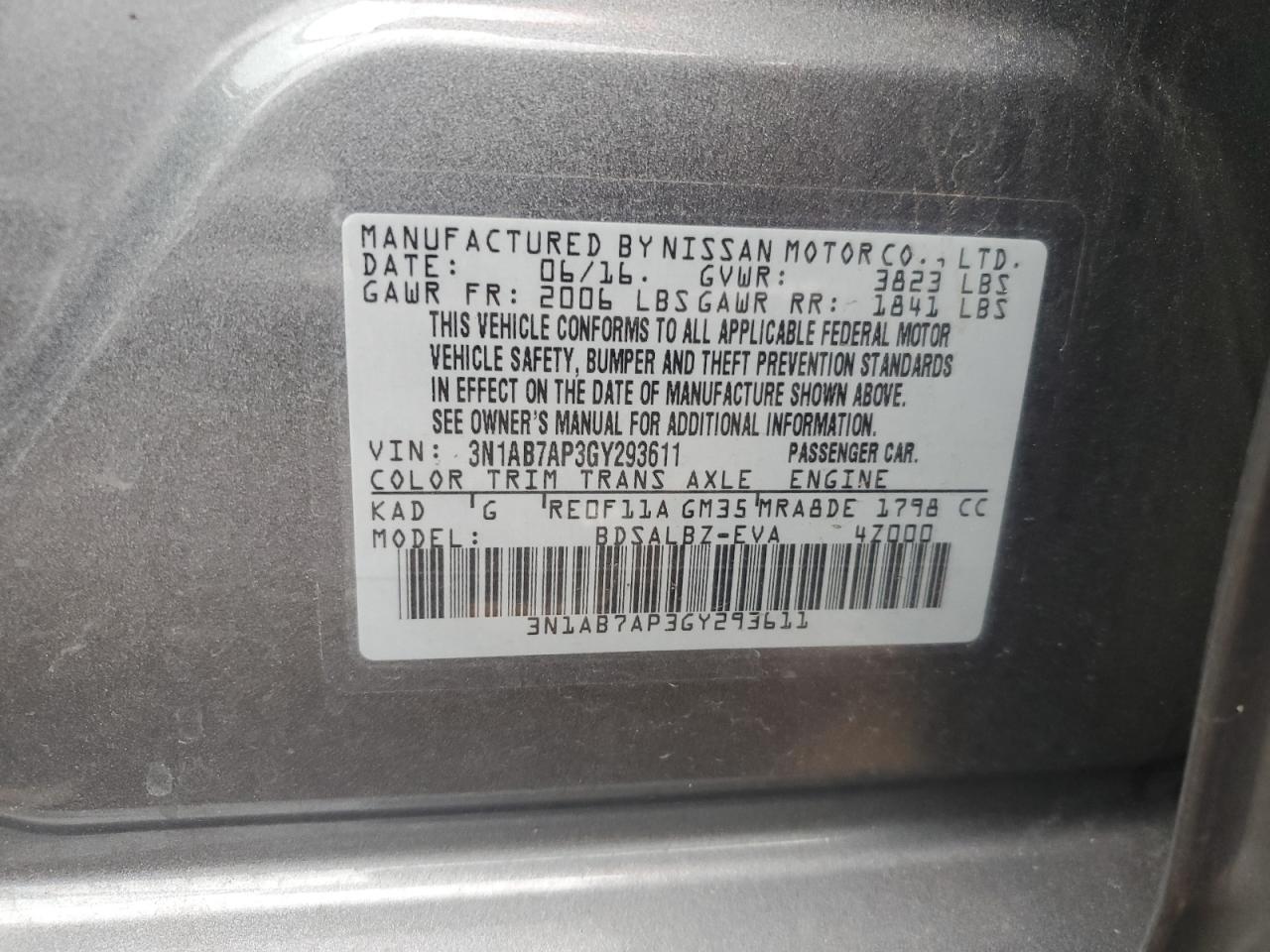 3N1AB7AP3GY293611 NISSAN SENTRA 2016