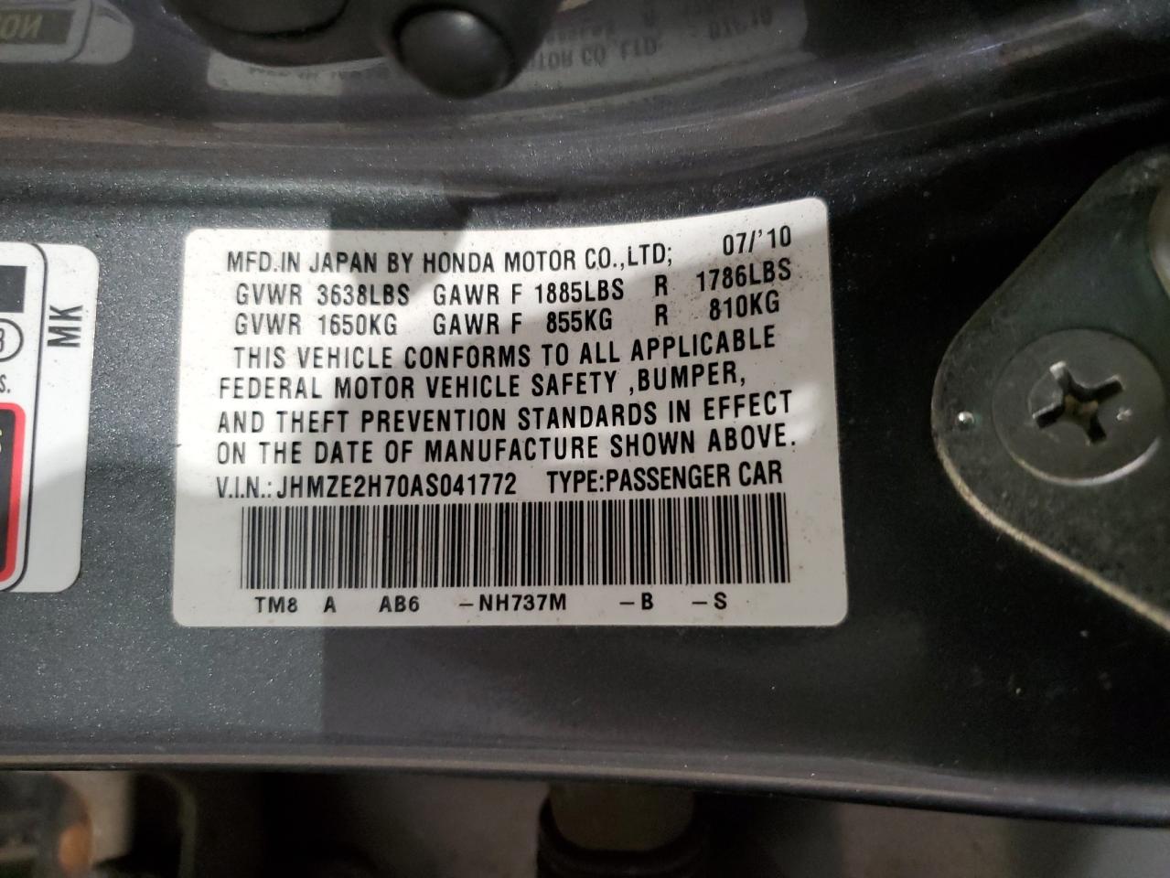 2010 Honda Insight Ex VIN: JHMZE2H70AS041772 Lot: 55445385