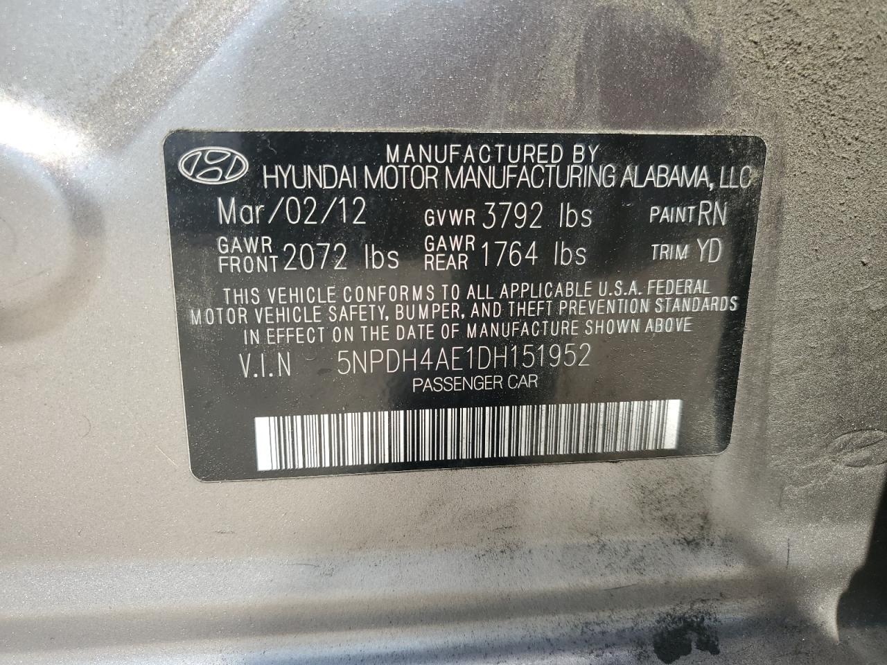 2013 Hyundai Elantra Gls VIN: 5NPDH4AE1DH151952 Lot: 57804355