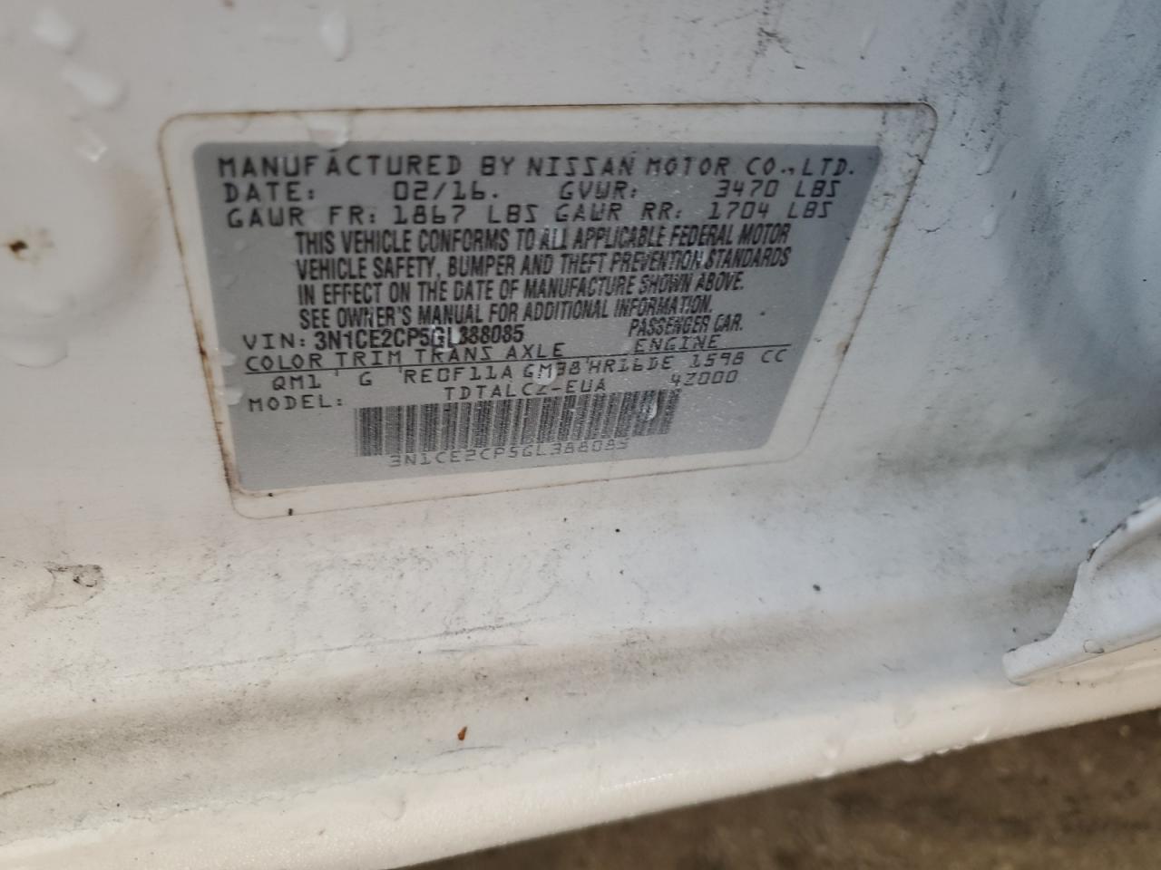 3N1CE2CP5GL388085 NISSAN VERSA 2016