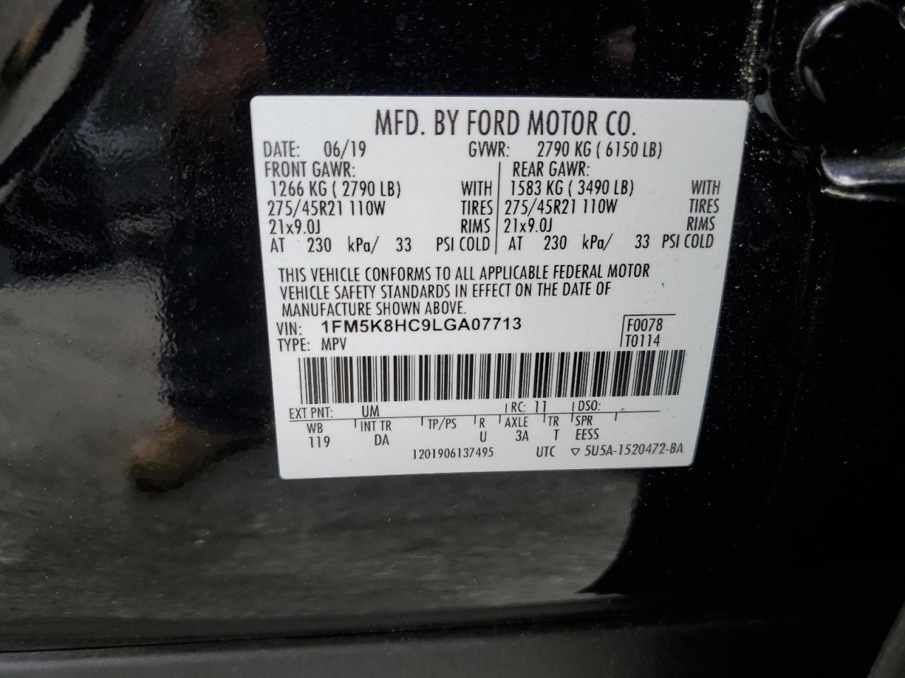 2020 Ford Explorer Platinum VIN: 1FM5K8HC9LGA07713 Lot: 56520265