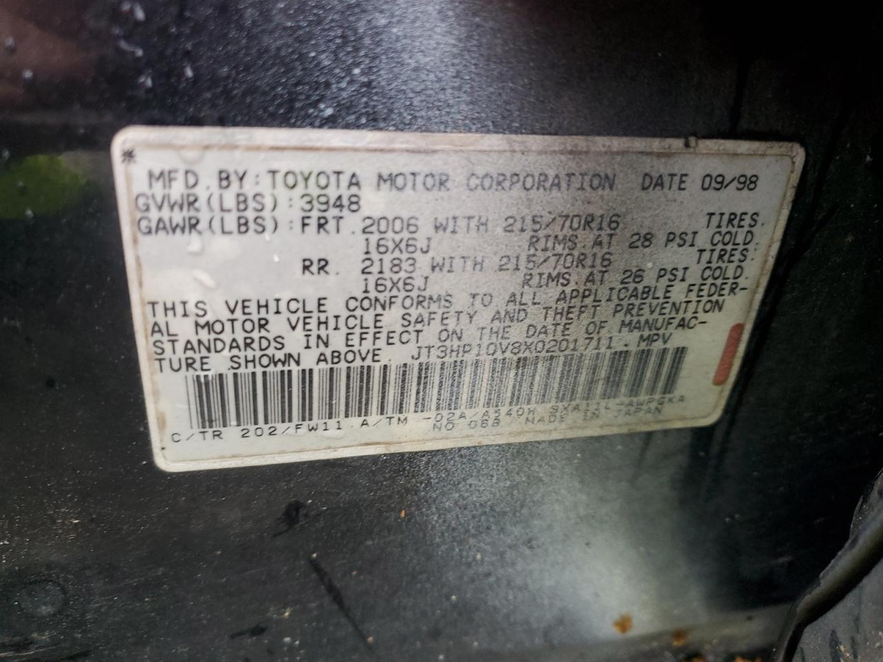 1999 Toyota Rav4 VIN: JT3HP10V8X0201711 Lot: 56172705
