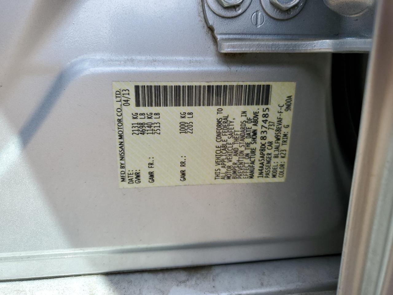 2013 Nissan Maxima S VIN: 1N4AA5AP8DC837485 Lot: 56839575