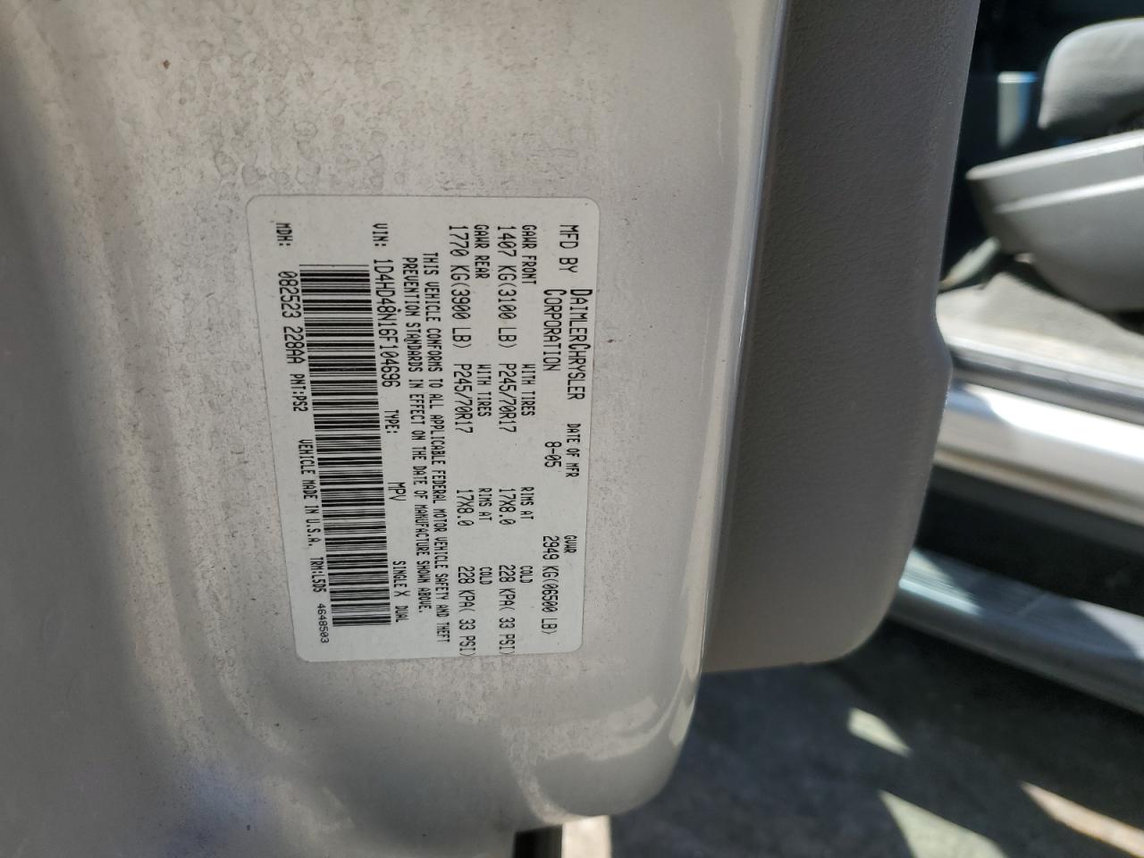 2006 Dodge Durango Slt VIN: 1D4HD48N16F104696 Lot: 58417185