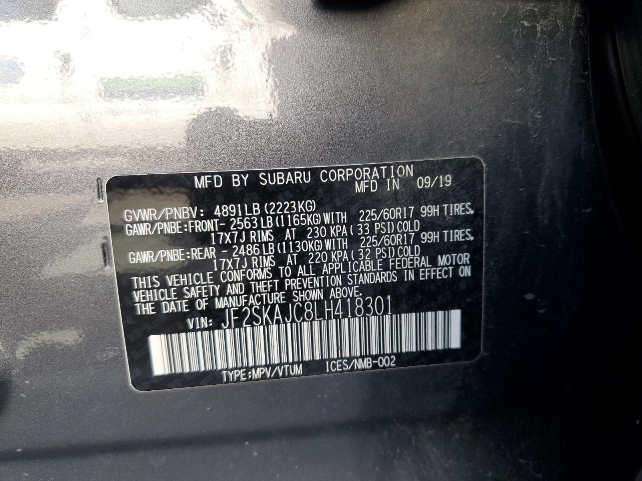 2020 Subaru Forester Premium VIN: JF2SKAJC8LH418301 Lot: 57447855