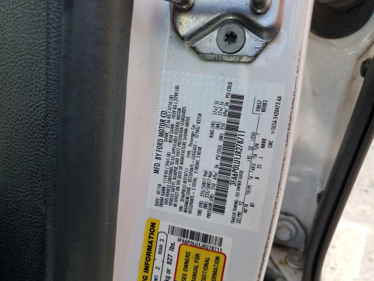 2018 Ford Fusion Se Hybrid VIN: 3FA6P0LU1JR278711 Lot: 54033845