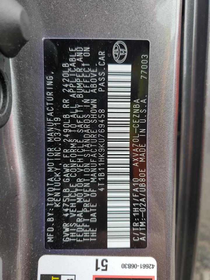 2019 Toyota Camry L VIN: 4T1B11HK9KU769458 Lot: 57756335