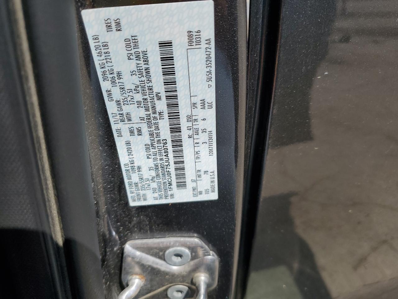 2018 Ford Escape S VIN: 1FMCU0F75JUA80763 Lot: 56876635