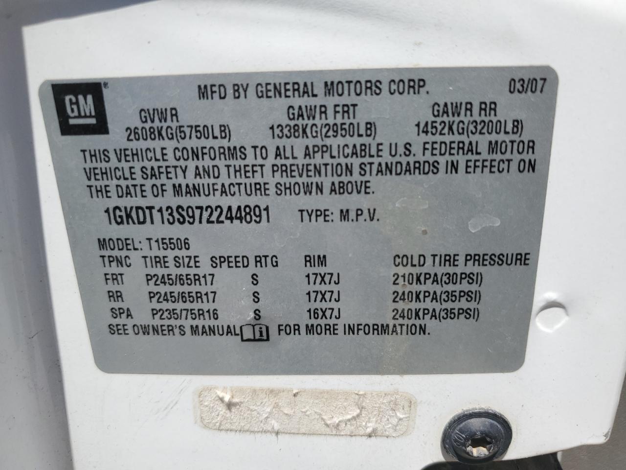 2007 GMC Envoy VIN: 1GKDT13S972244891 Lot: 57638615