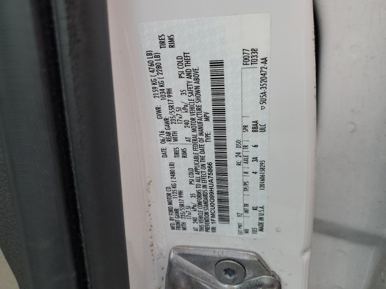 2017 Ford Escape Se VIN: 1FMCU0G99HUA75866 Lot: 57274785