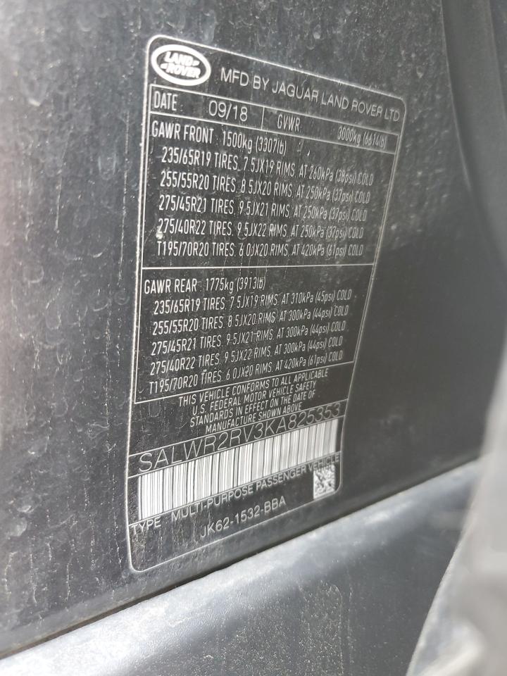 2019 Land Rover Range Rover Sport Hse VIN: SALWR2RV3KA825353 Lot: 58799945