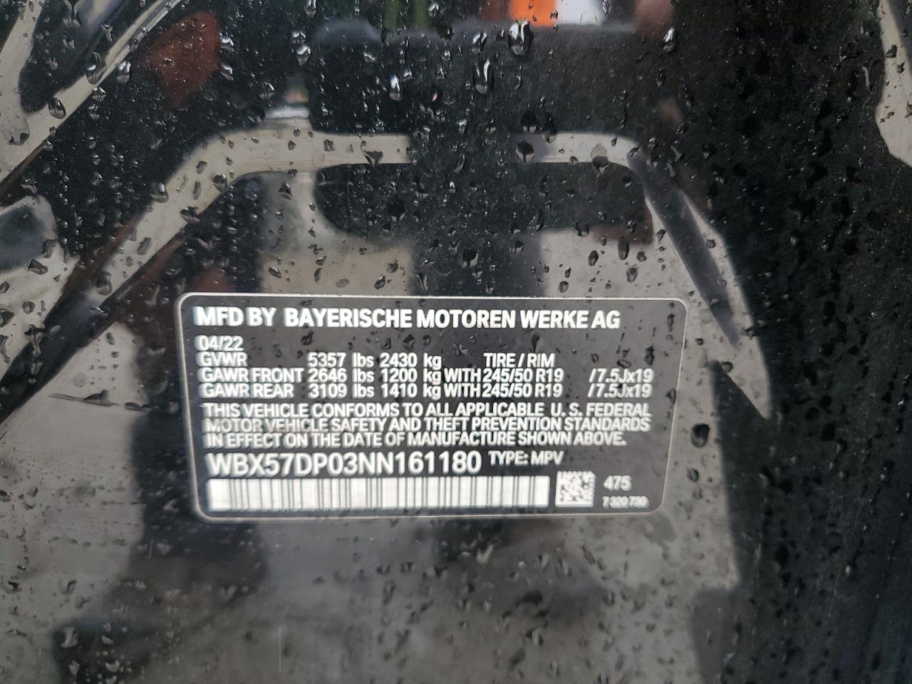 2022 BMW X3 xDrive30I VIN: WBX57DP03NN161180 Lot: 57068515