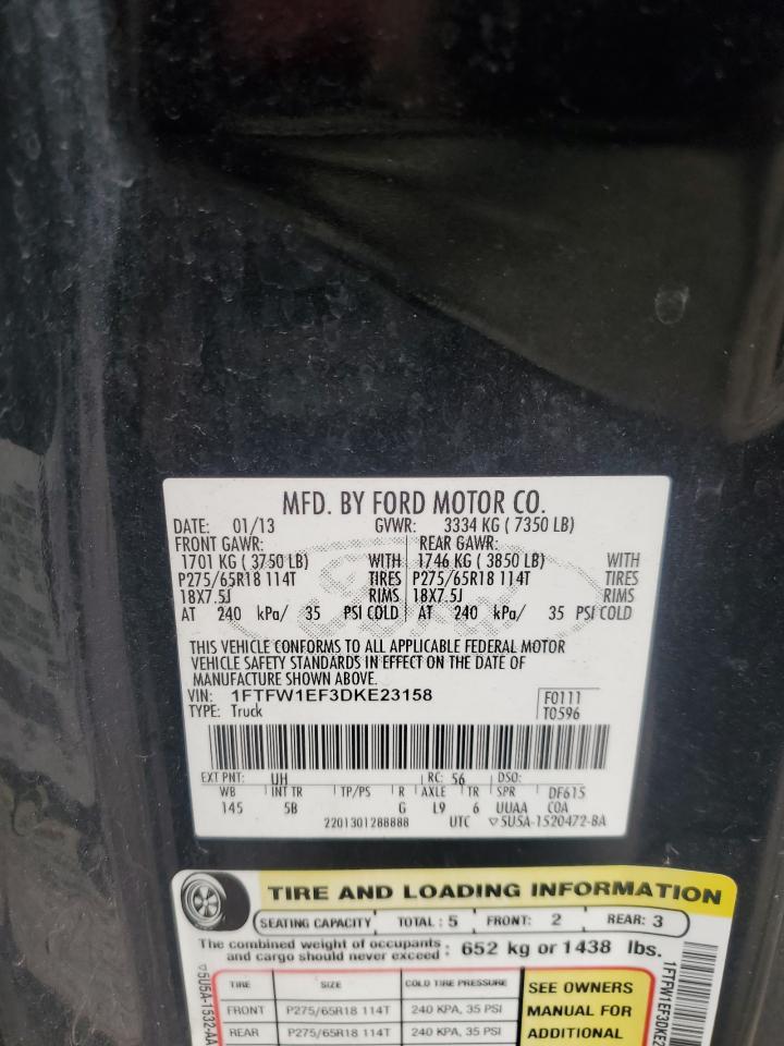 2013 Ford F150 Supercrew VIN: 1FTFW1EF3DKE23158 Lot: 55379695
