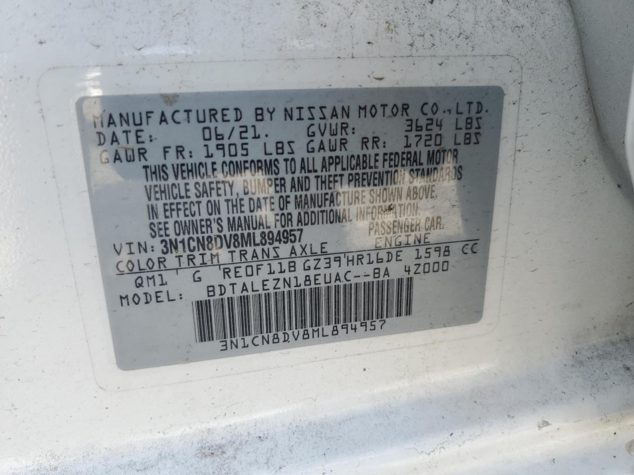2021 Nissan Versa S VIN: 3N1CN8DV8ML894957 Lot: 56838415